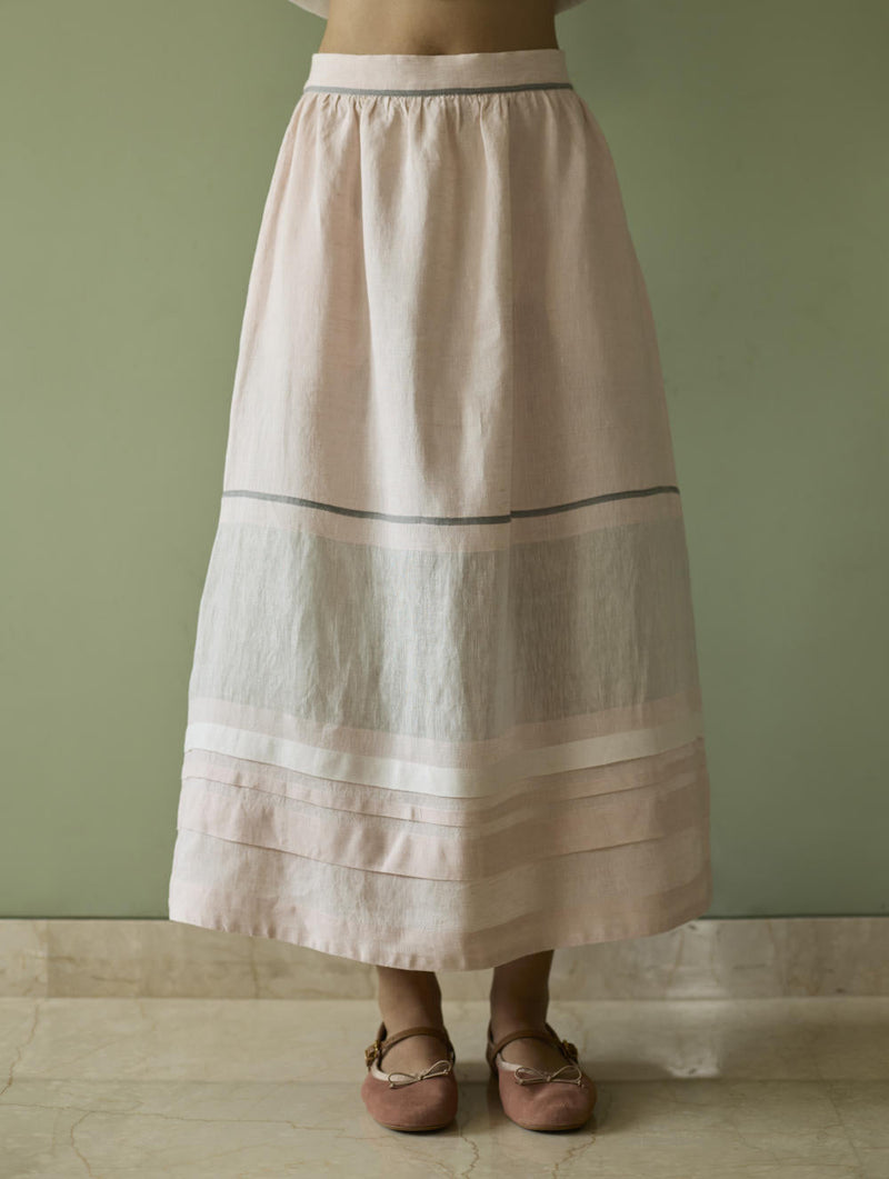 Ora Pleated Border Linen Skirt-Blush linen by Manan in blush color for women Worldwide