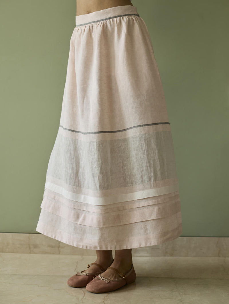 Ora Pleated Border Linen Skirt-Blush linen by Manan in blush color for women Worldwide