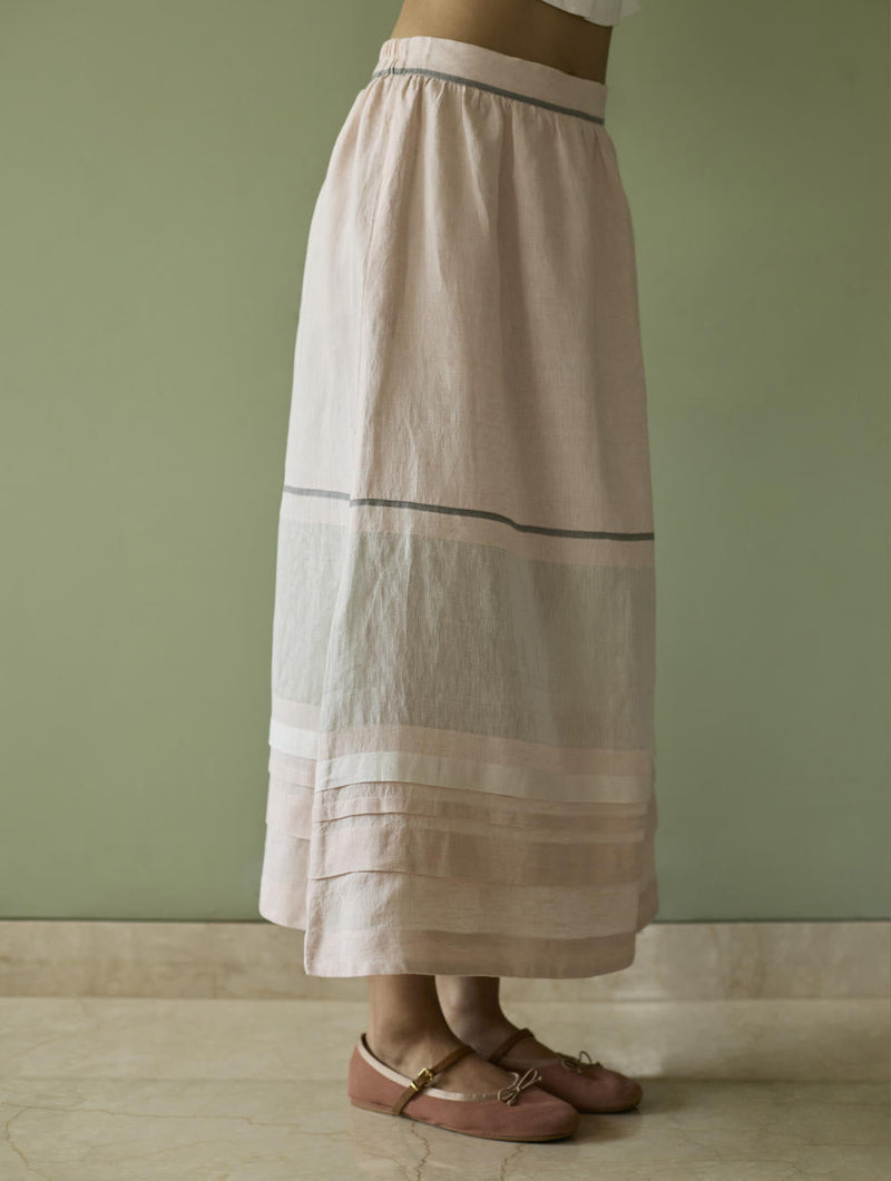 Ora Pleated Border Linen Skirt-Blush linen by Manan in blush color for women Worldwide