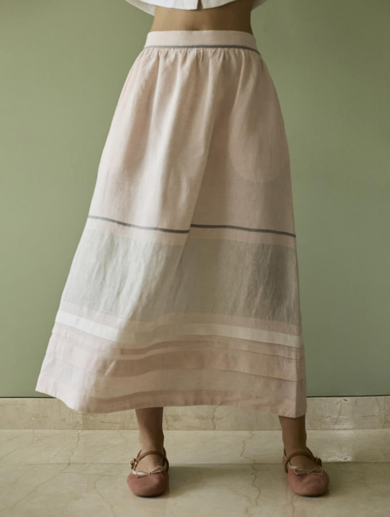 Ora Pleated Border Linen Skirt-Blush linen by Manan in blush color for women Worldwide
