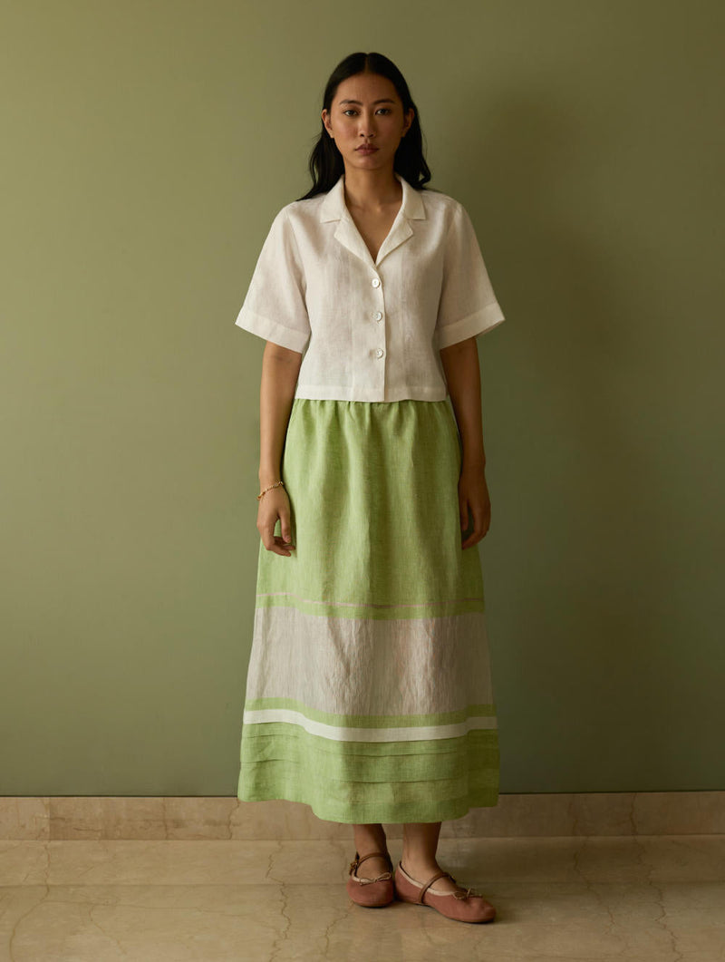 Ora Pleated Border Linen Skirt-Meadow linen by Manan in green color for women Worldwide