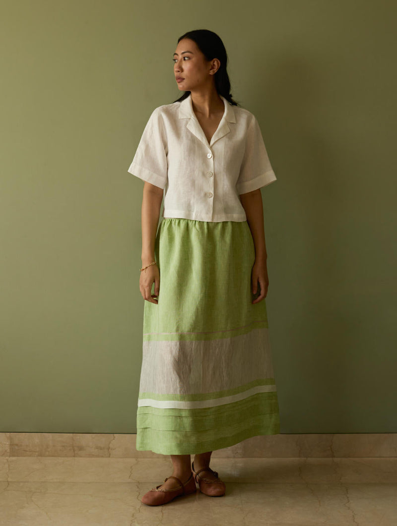 Ora Pleated Border Linen Skirt-Meadow linen by Manan in green color for women Worldwide