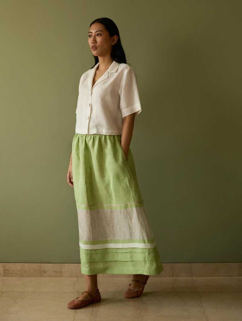 Ora Pleated Border Linen Skirt-Meadow linen by Manan in green color for women Worldwide