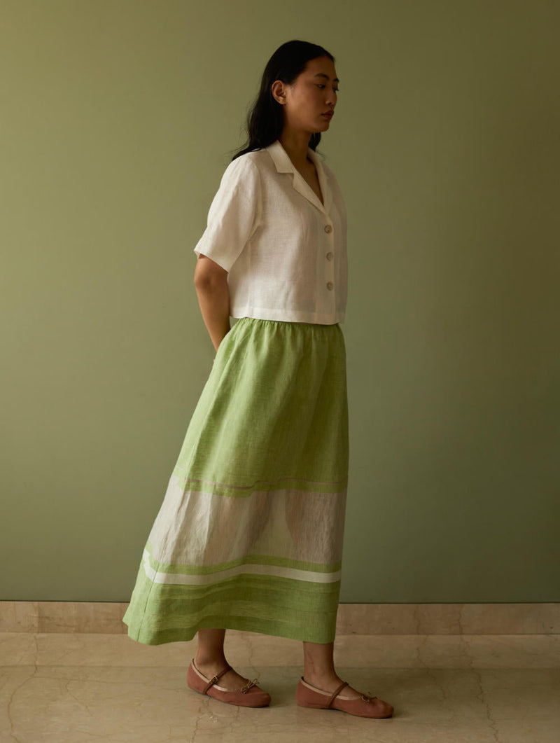 Ora Pleated Border Linen Skirt-Meadow linen by Manan in green color for women Worldwide