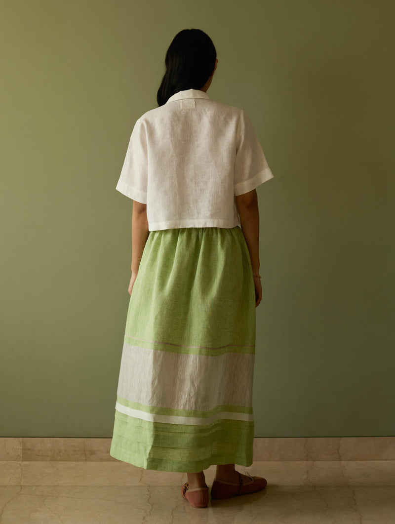 Ora Pleated Border Linen Skirt-Meadow linen by Manan in green color for women Worldwide
