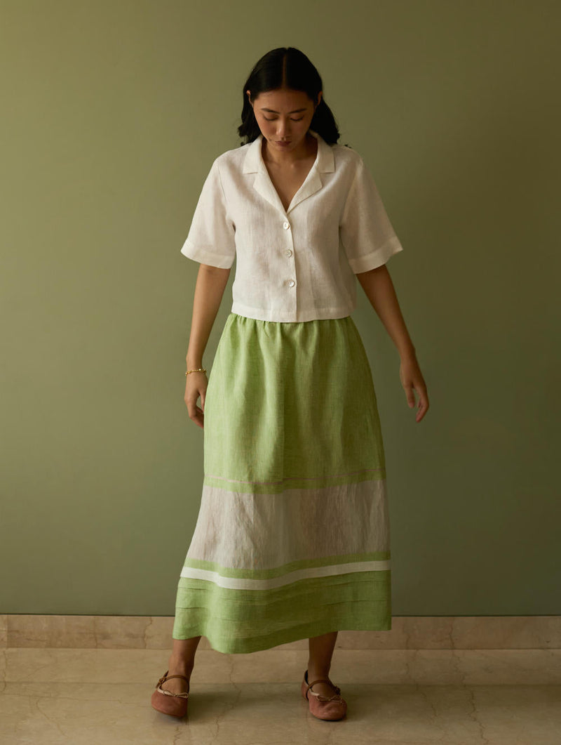 Ora Pleated Border Linen Skirt-Meadow linen by Manan in green color for women Worldwide