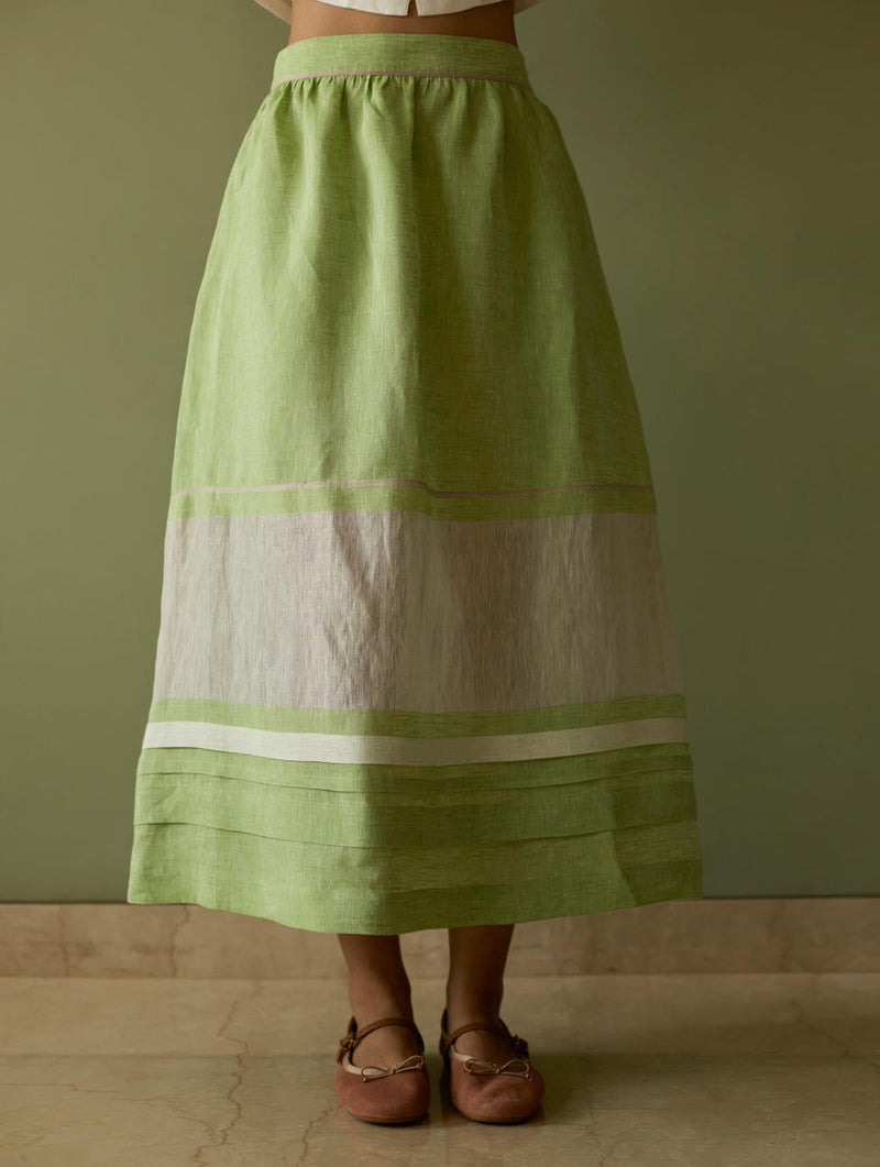 Ora Pleated Border Linen Skirt-Meadow linen by Manan in green color for women Worldwide