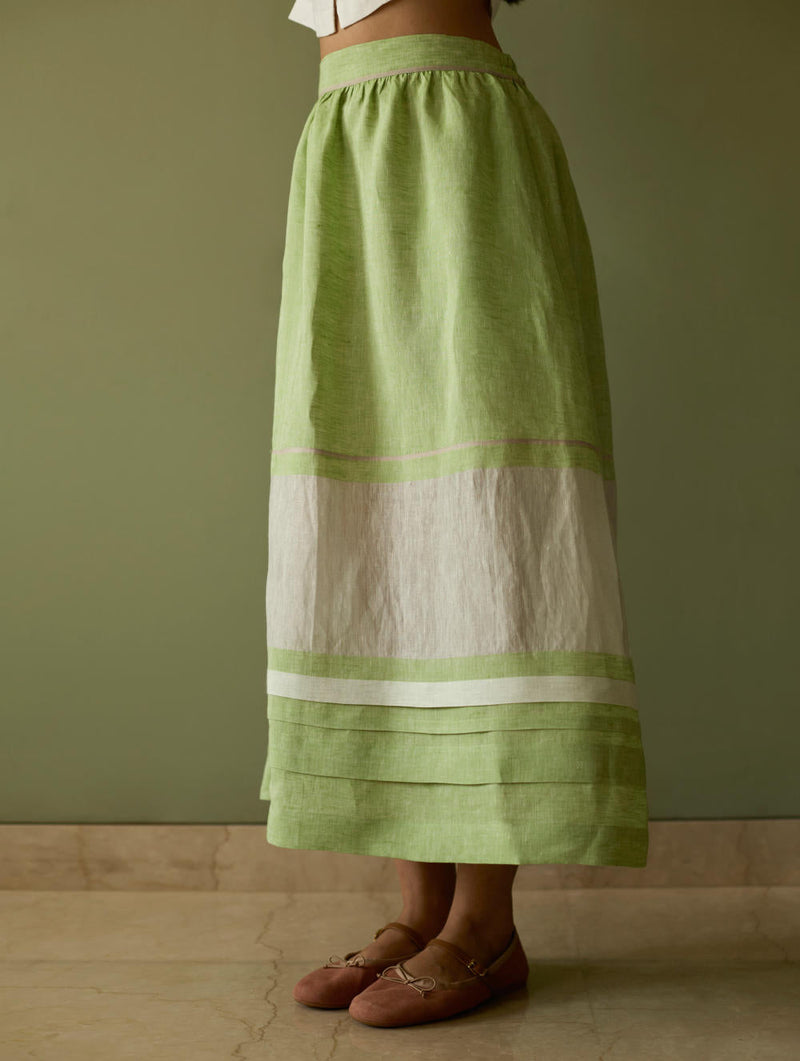 Ora Pleated Border Linen Skirt-Meadow linen by Manan in green color for women Worldwide