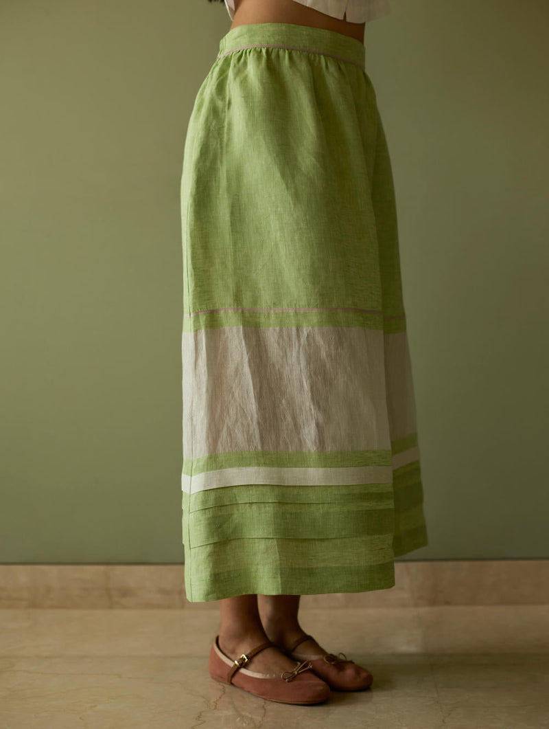 Ora Pleated Border Linen Skirt-Meadow linen by Manan in green color for women Worldwide