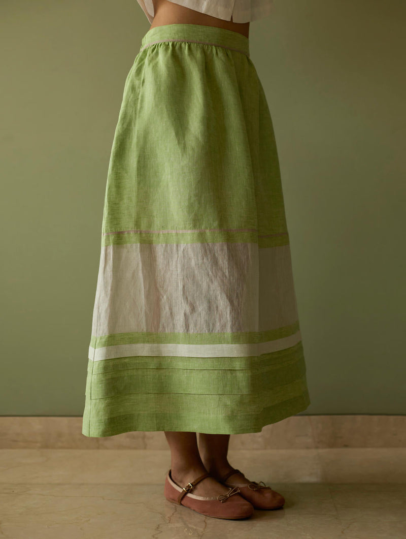 Ora Pleated Border Linen Skirt-Meadow linen by Manan in green color for women Worldwide