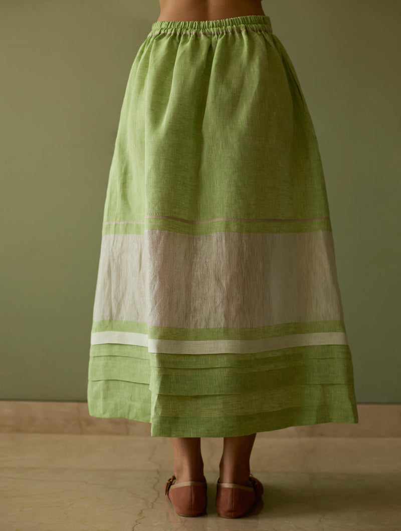 Ora Pleated Border Linen Skirt-Meadow linen by Manan in green color for women Worldwide
