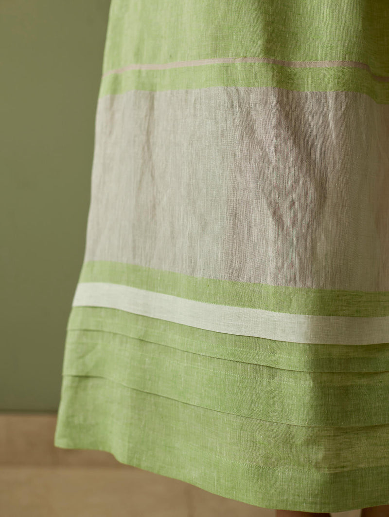 Ora Pleated Border Linen Skirt-Meadow linen by Manan in green color for women Worldwide
