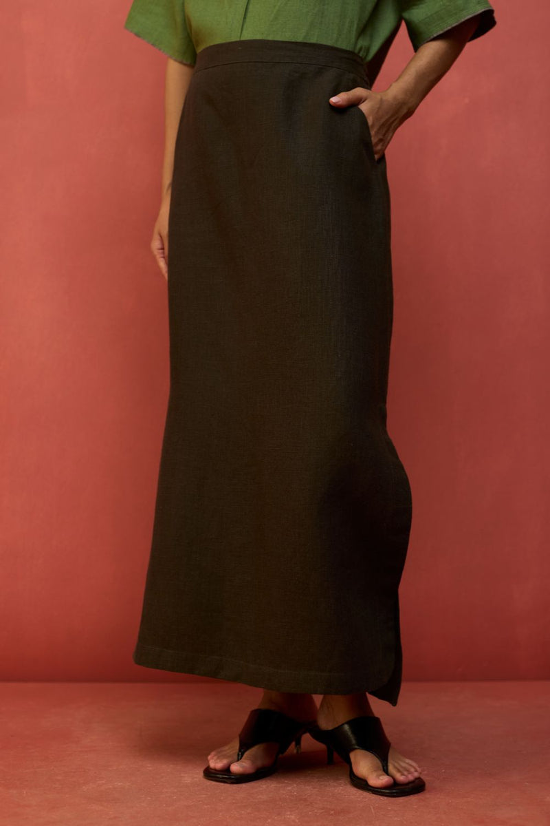 Hiro Linen Skirt - Olive Charcoal by Manan for Worldwide