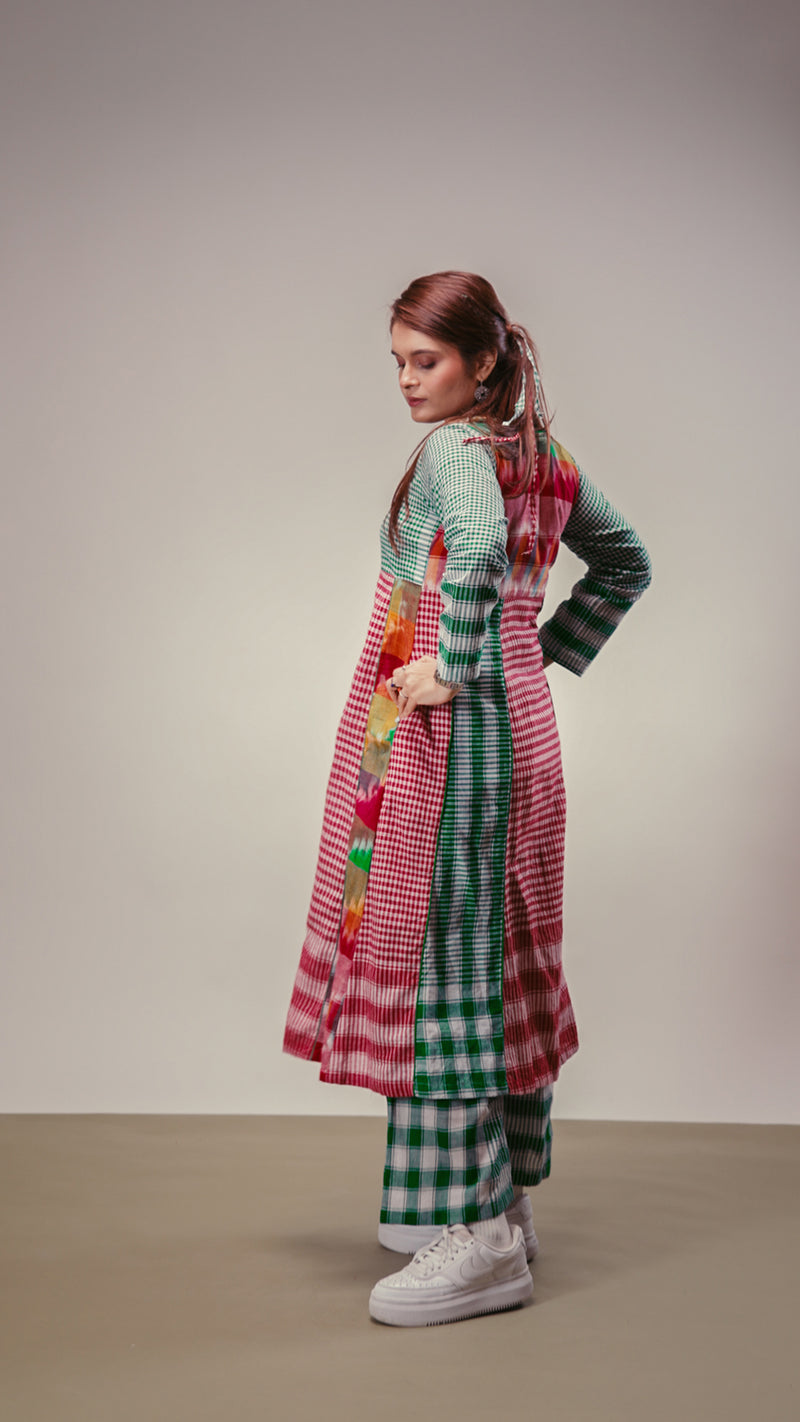 Aura Dress + Palazzo Set gamcha co-ord set by 145 East in green, red, multicolour for women Worldwide