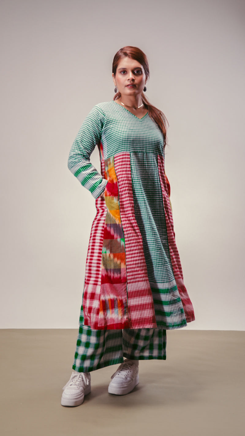 Aura Dress + Palazzo Set gamcha co-ord set by 145 East in green, red, multicolour for women Worldwide