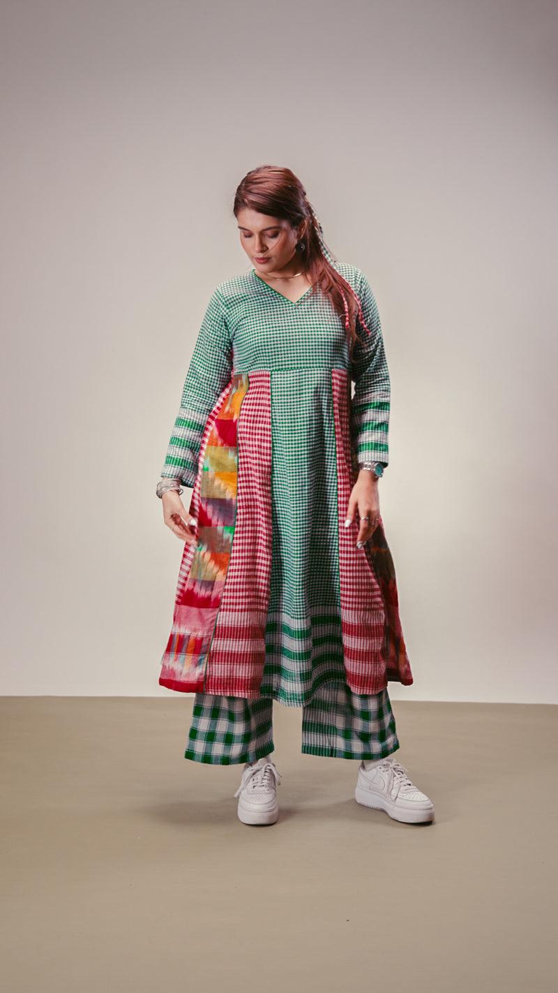 Aura Dress + Palazzo Set gamcha co-ord set by 145 East in green, red, multicolour for women Worldwide