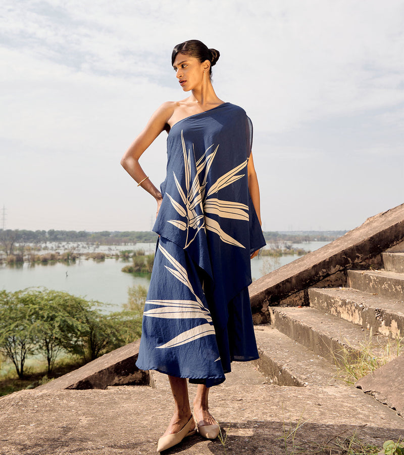 Spinetail one shoulder dress cotton by Khara Kapas in blue for women Worldwide