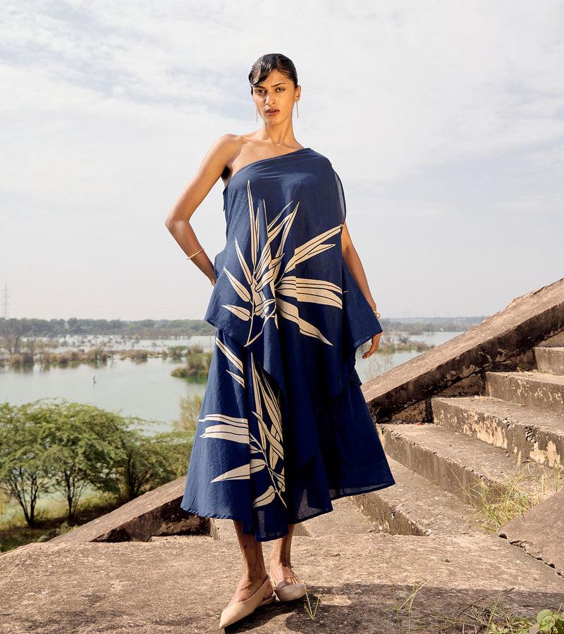 Spinetail one shoulder dress cotton by Khara Kapas in blue for women Worldwide