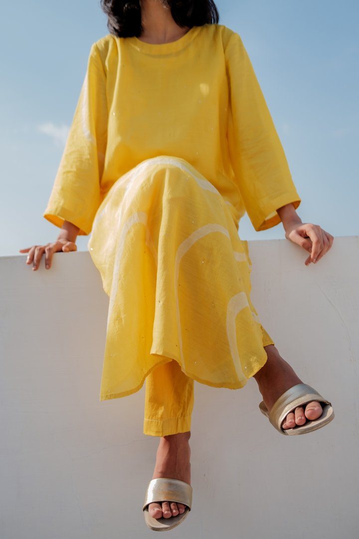 Sunny Yellow Arsa Kurta and Pants Set Co-ord Set,Kurta Sets by Nirjara for women Worldwide