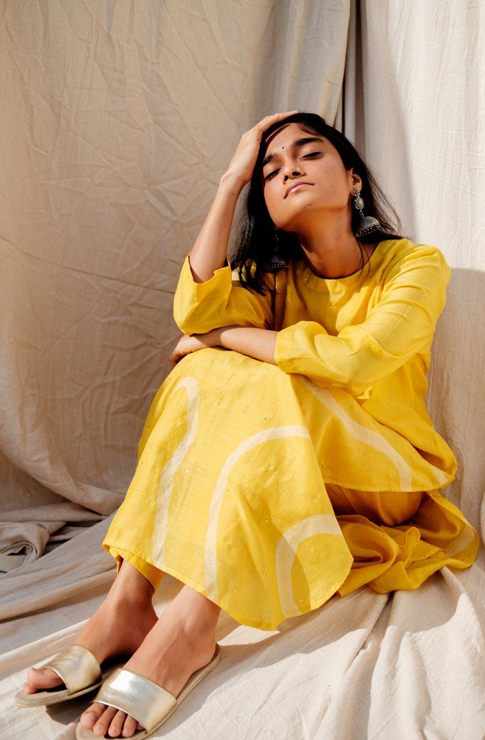 Sunny Yellow Arsa Kurta and Pants Set Co-ord Set,Kurta Sets by Nirjara for women Worldwide