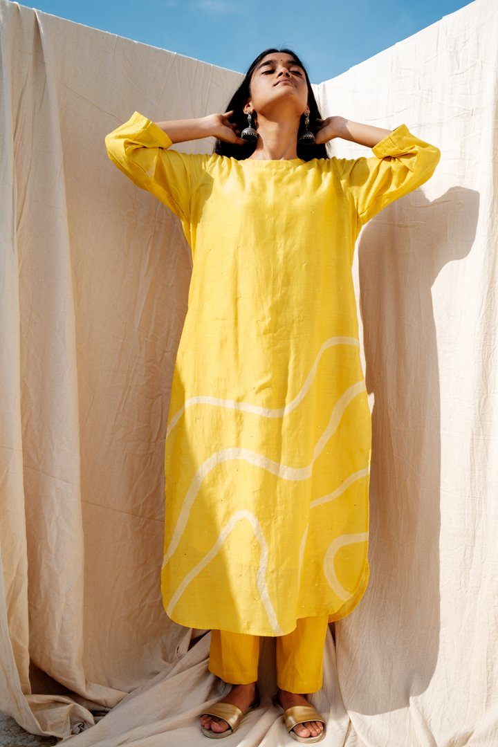 Sunny Yellow Arsa Kurta and Pants Set Co-ord Set,Kurta Sets by Nirjara for women Worldwide
