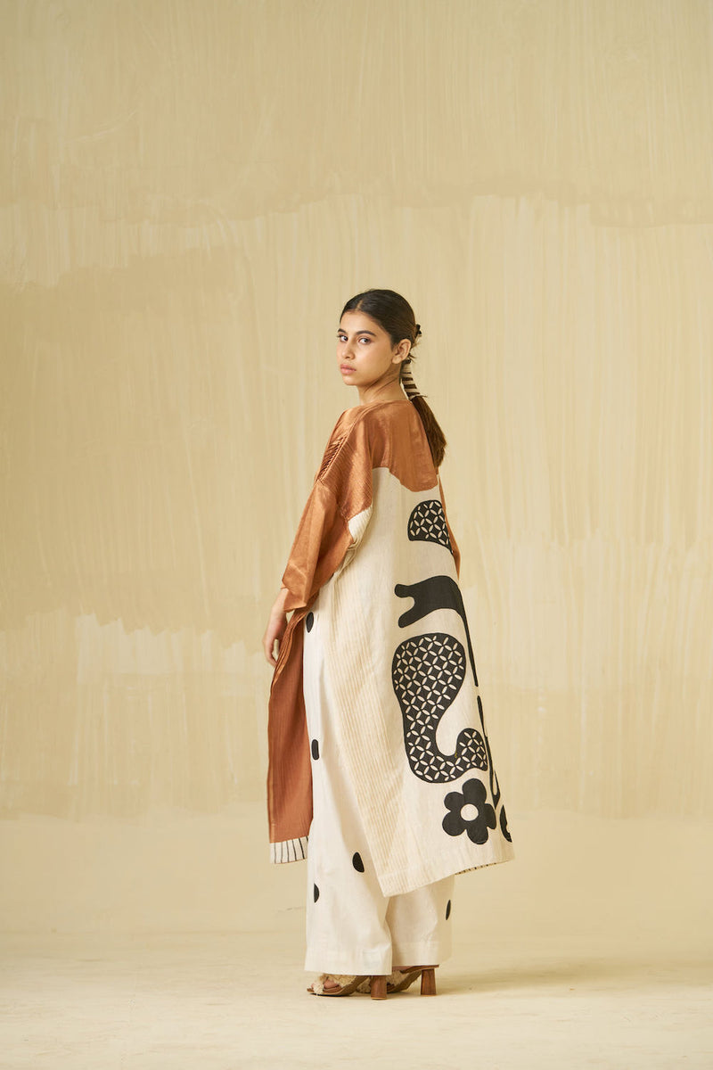 Sunshine Dress-Copper + Ivory + Black mashru silk + kala cotton dress by Stoique in copper, ivory, black for women Worldwide