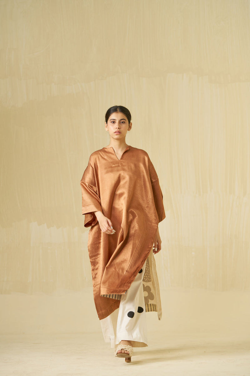 Sunshine Dress-Copper + Ivory + Black mashru silk + kala cotton dress by Stoique in copper, ivory, black for women Worldwide