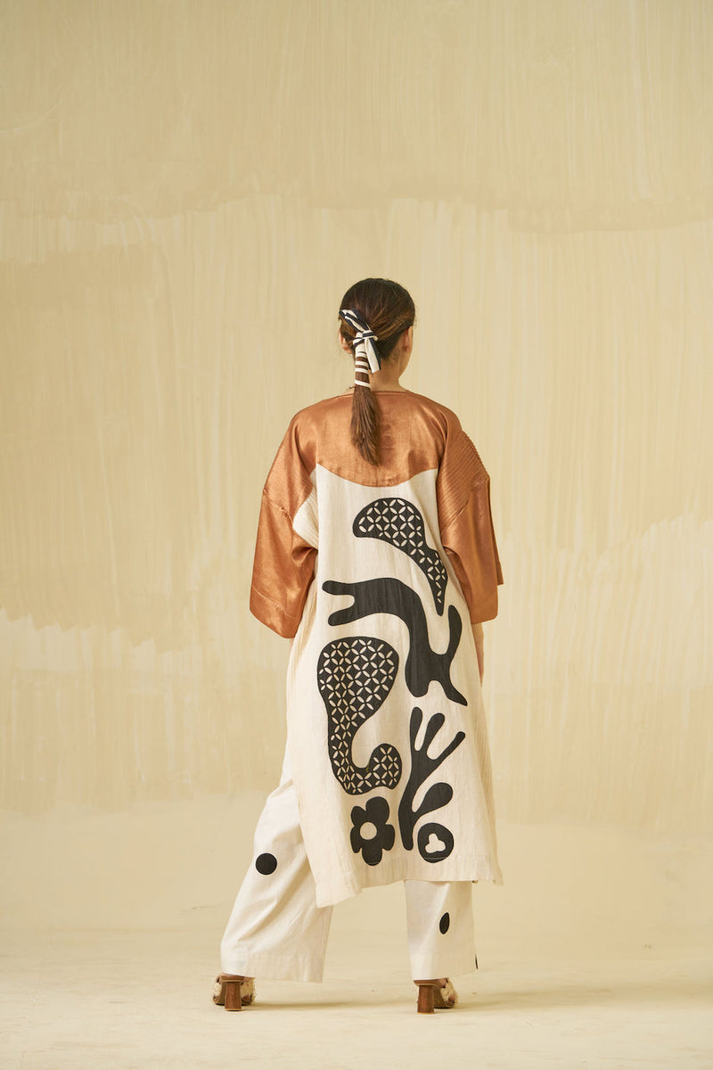 Sunshine Dress-Copper + Ivory + Black mashru silk + kala cotton dress by Stoique in copper, ivory, black for women Worldwide