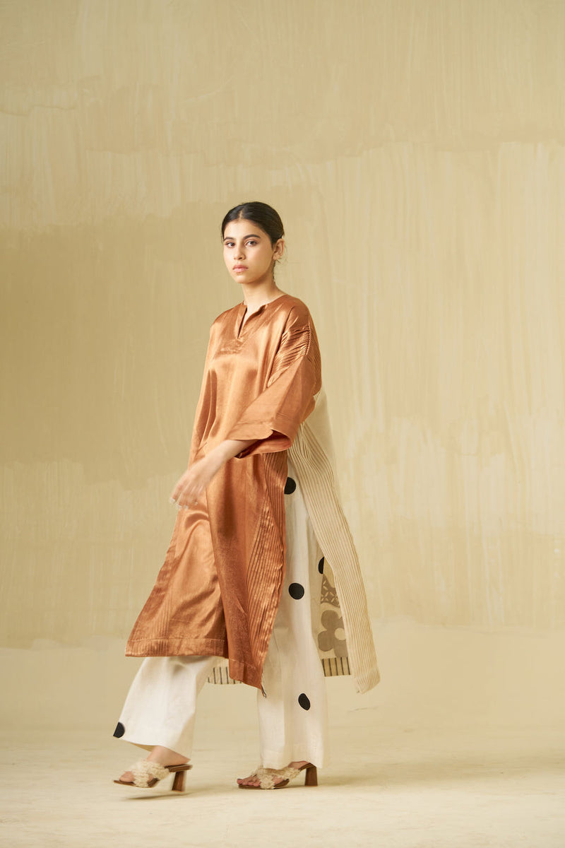 Sunshine Dress-Copper + Ivory + Black mashru silk + kala cotton dress by Stoique in copper, ivory, black for women Worldwide