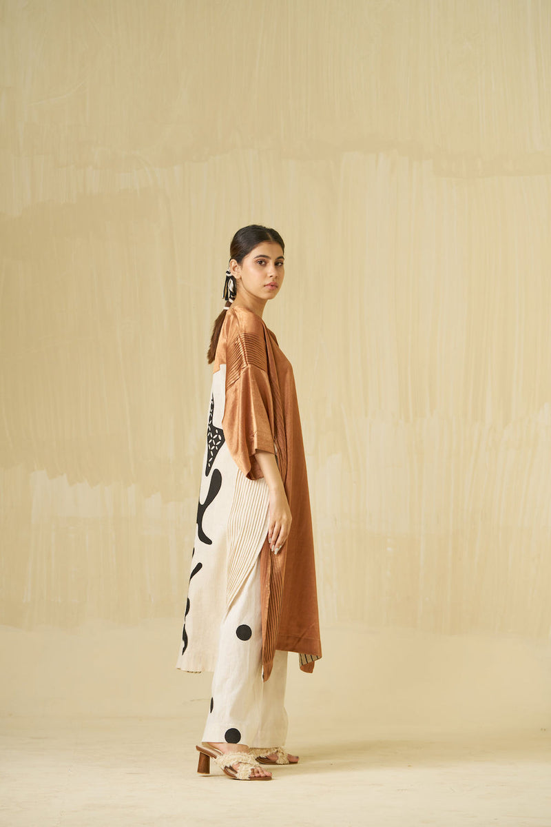 Sunshine Dress-Copper + Ivory + Black mashru silk + kala cotton dress by Stoique in copper, ivory, black for women Worldwide