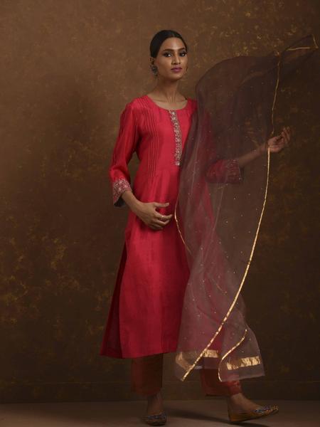 Surkh Coral-Red-Mocha Kurta Set by Priti Prashant for women Worldwide