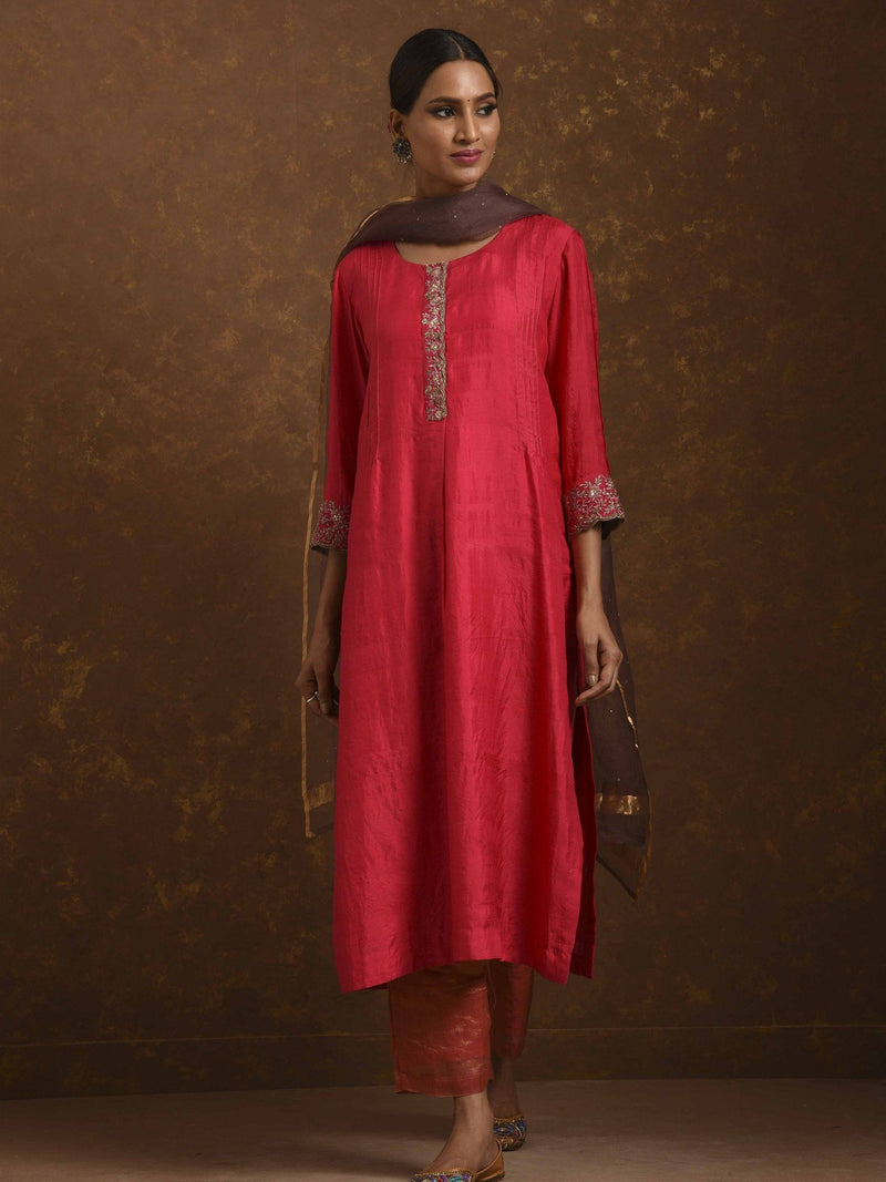 Surkh Coral-Red-Mocha Kurta Set by Priti Prashant for women Worldwide