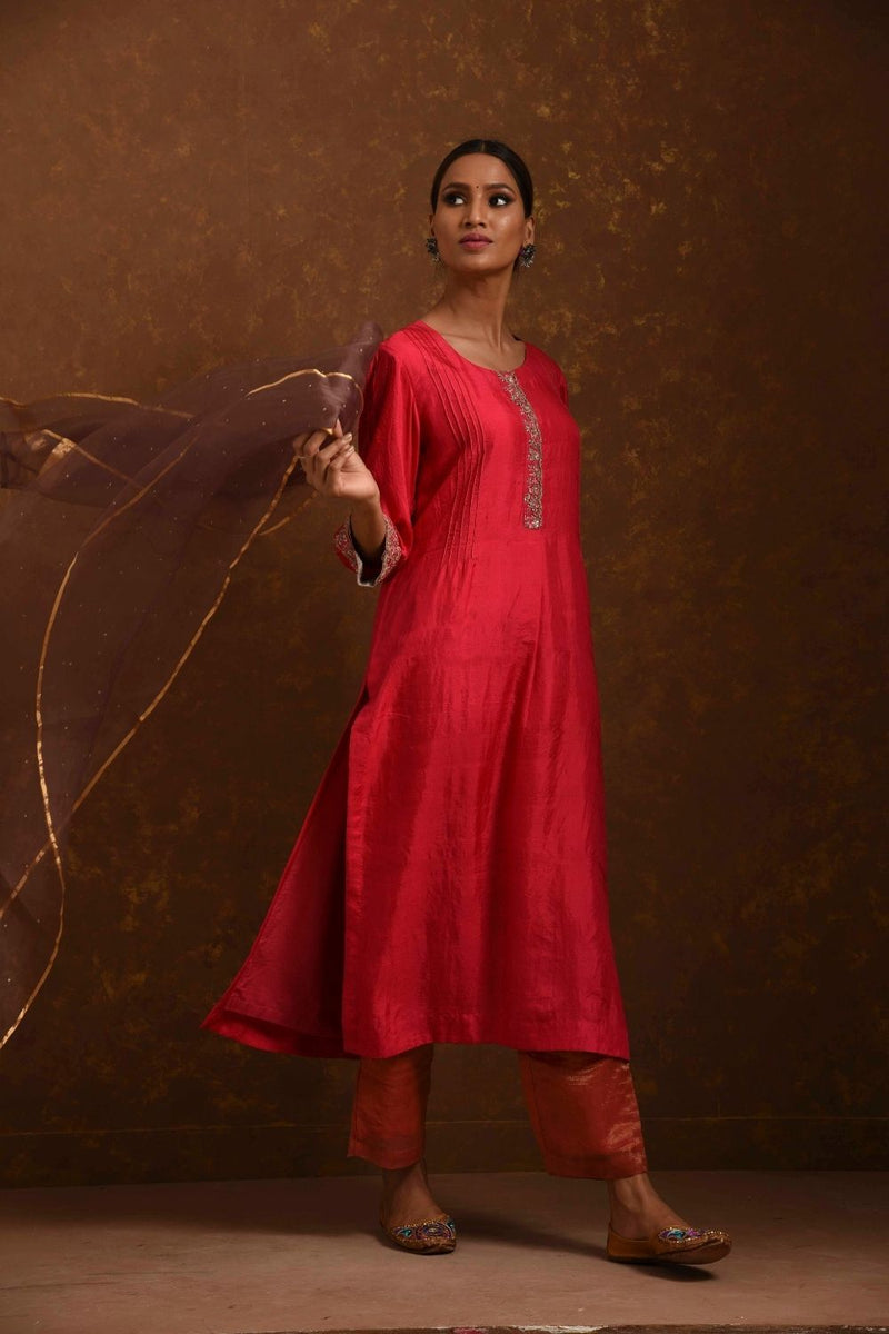 Surkh Coral-Red-Mocha Kurta Set by Priti Prashant for women Worldwide