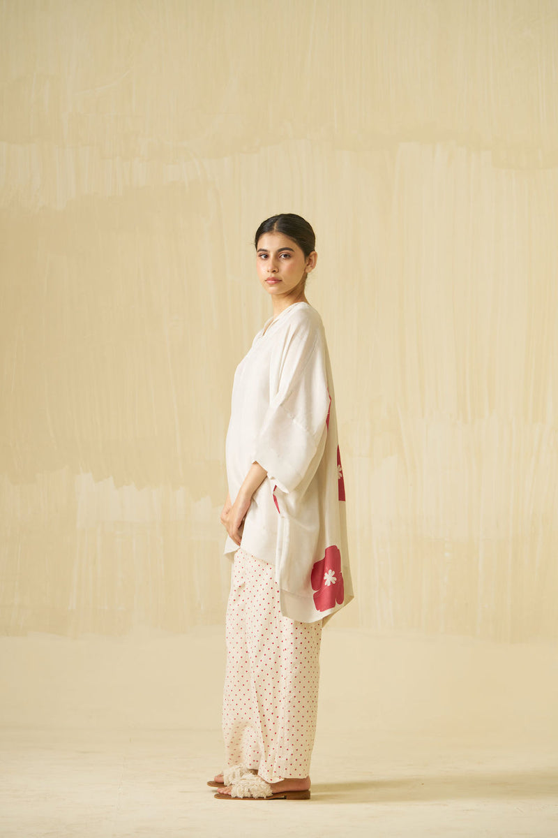 Swan Top-Silver + Hibiscus upada silk top/shirt by Stoique in silver, hibiscus for women Worldwide