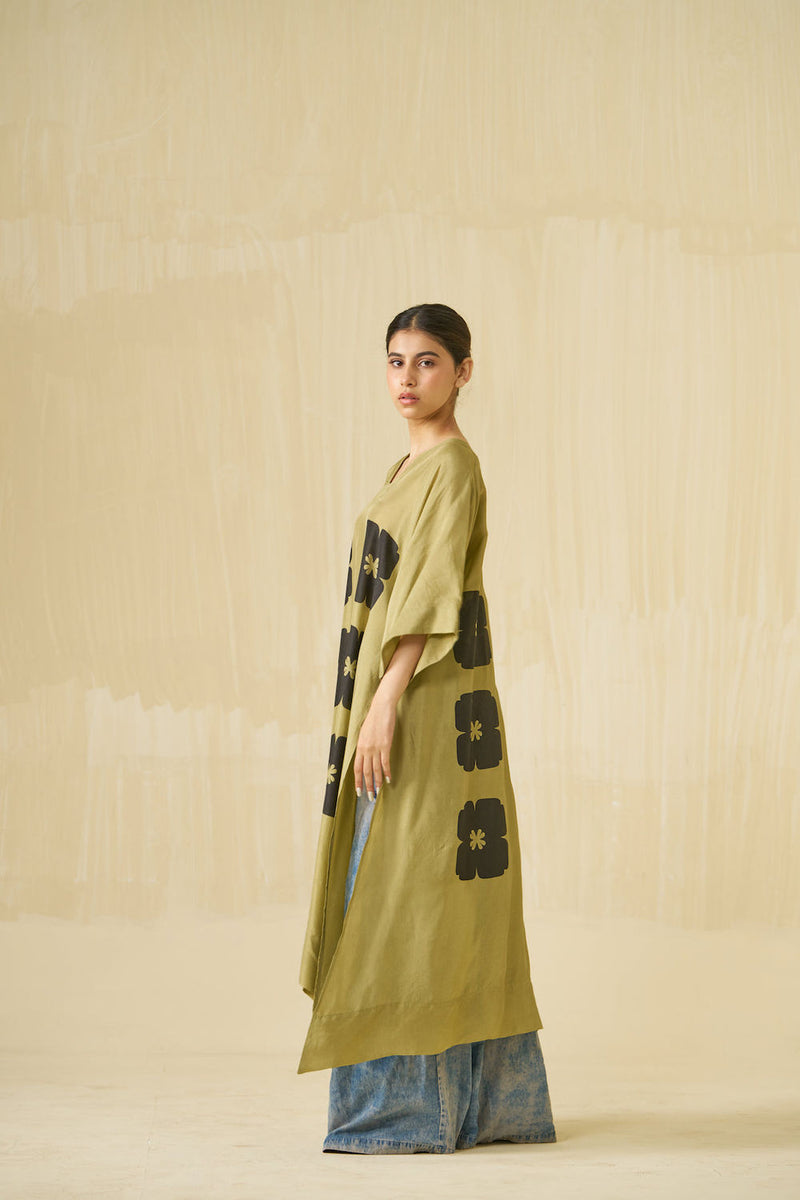 Swan Tunic-Sage + Black upada silk tunics and kaftans by Stoique in sage, black for women Worldwide
