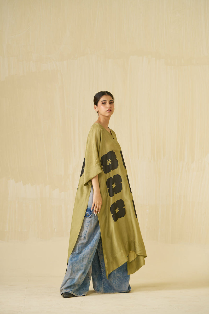 Swan Tunic-Sage + Black upada silk tunics and kaftans by Stoique in sage, black for women Worldwide
