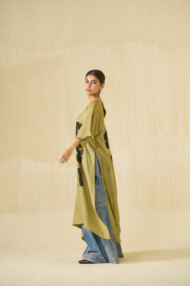 Swan Tunic-Sage + Black upada silk tunics and kaftans by Stoique in sage, black for women Worldwide