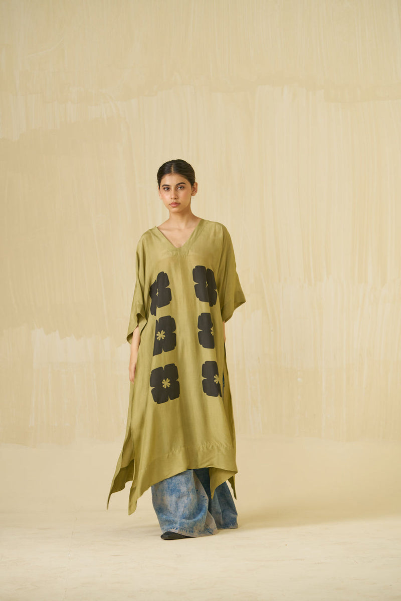 Swan Tunic-Sage + Black upada silk tunics and kaftans by Stoique in sage, black for women Worldwide