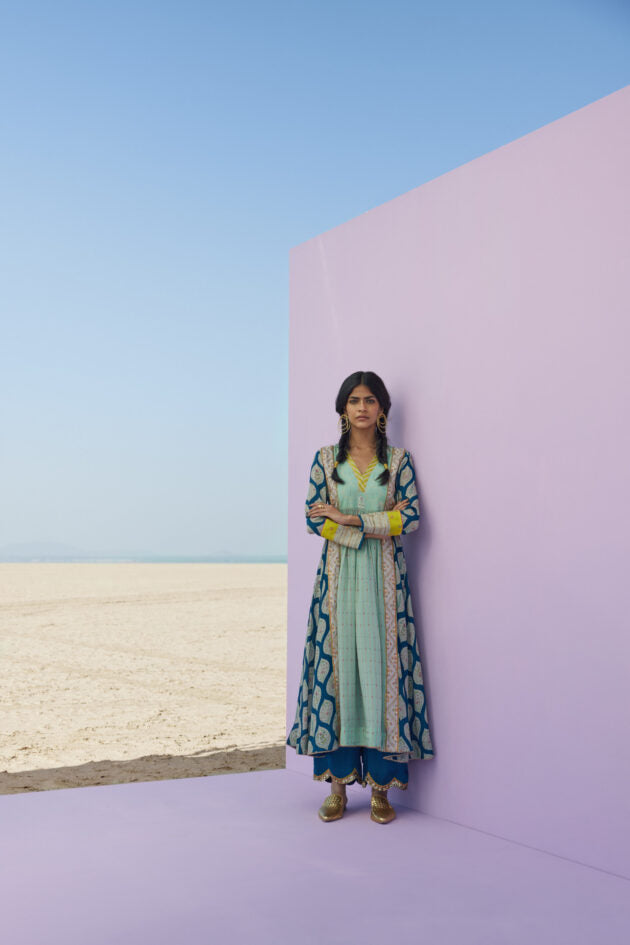 TEAL BLUE - POWDER BLUE PRINTED PANEL KURTA SET Kurta Sets by Rajiramniq for women Worldwide