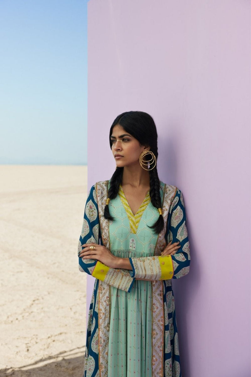 TEAL BLUE - POWDER BLUE PRINTED PANEL KURTA SET Kurta Sets by Rajiramniq for women Worldwide