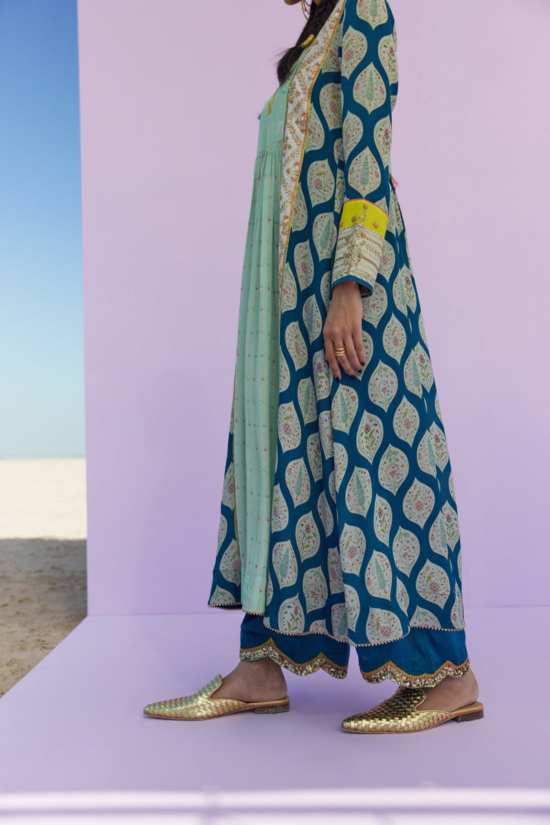 TEAL BLUE - POWDER BLUE PRINTED PANEL KURTA SET Kurta Sets by Rajiramniq for women Worldwide