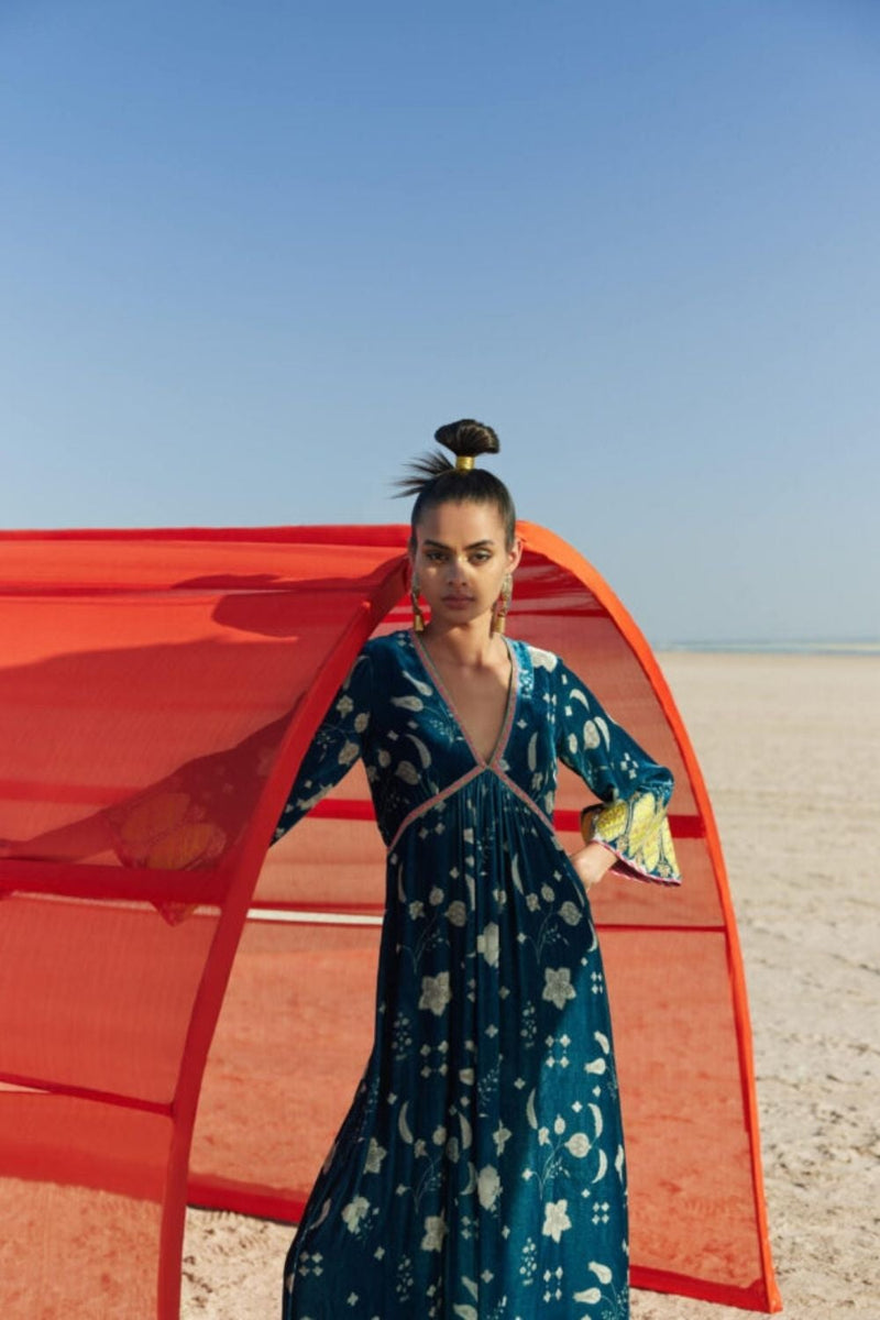 TEAL BLUE PRINTED BELL SLEEVE SILK VELVET KURTA SET Kurta Sets by Rajiramniq for women Worldwide
