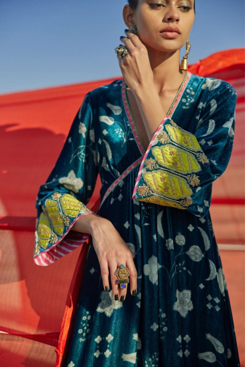 TEAL BLUE PRINTED BELL SLEEVE SILK VELVET KURTA SET Kurta Sets by Rajiramniq for women Worldwide