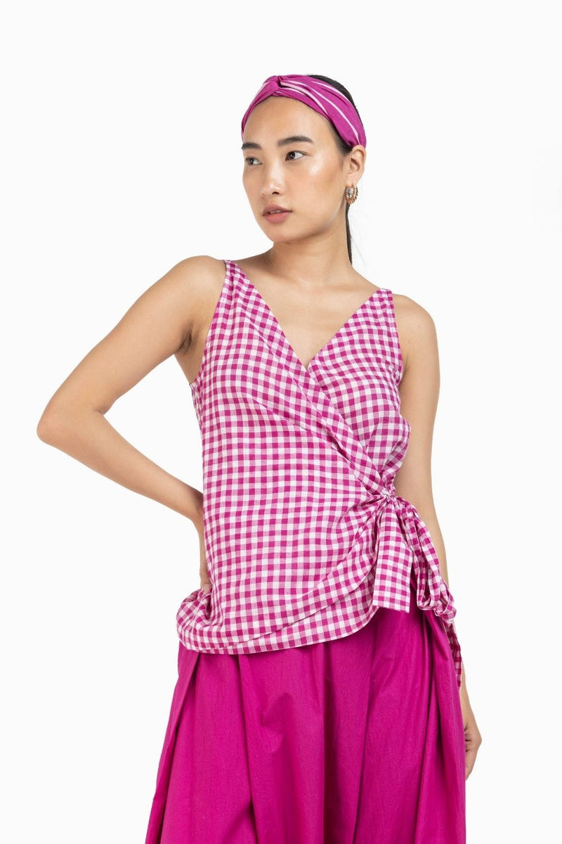 Tie Top Hot Pink Check Co-ord Co-ord Set,Bottoms,Top & Tunics by THREE for women Worldwide