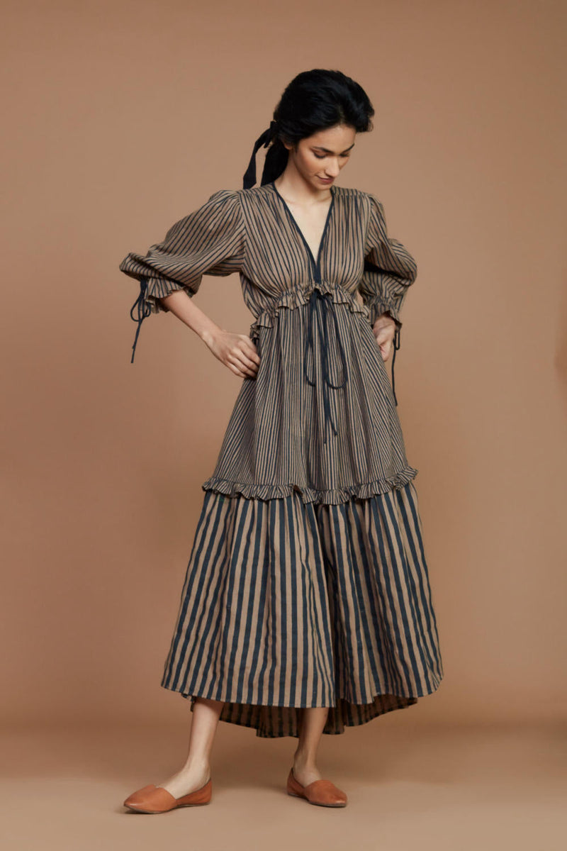Tiered Frill Brown Striped Dress by Mati for Worldwide