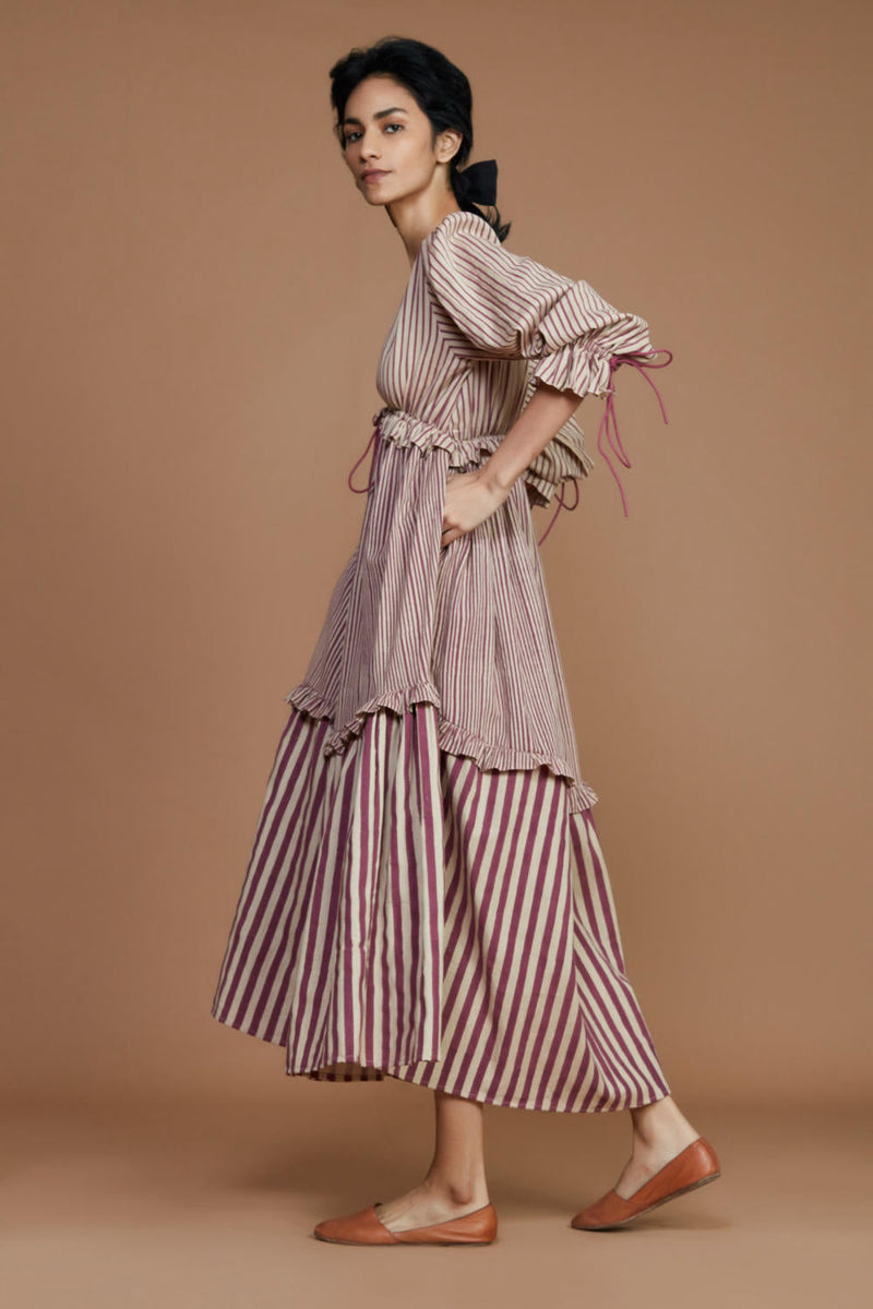 Tiered Frill Mauve Striped Dress Dress by Mati for women Worldwide