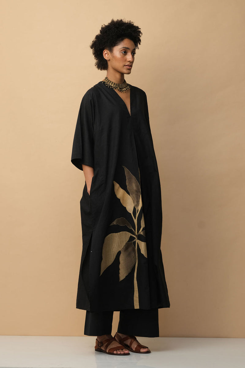 Tropical Leaf Applique Kaftan Black Lounge Wear by Mallika Mathur in black color for women Worldwide
