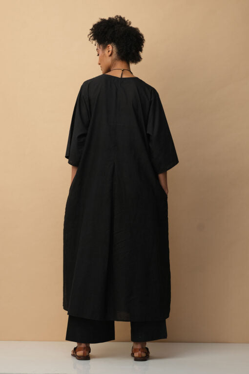 Tropical Leaf Applique Kaftan Black Lounge Wear by Mallika Mathur in black color for women Worldwide