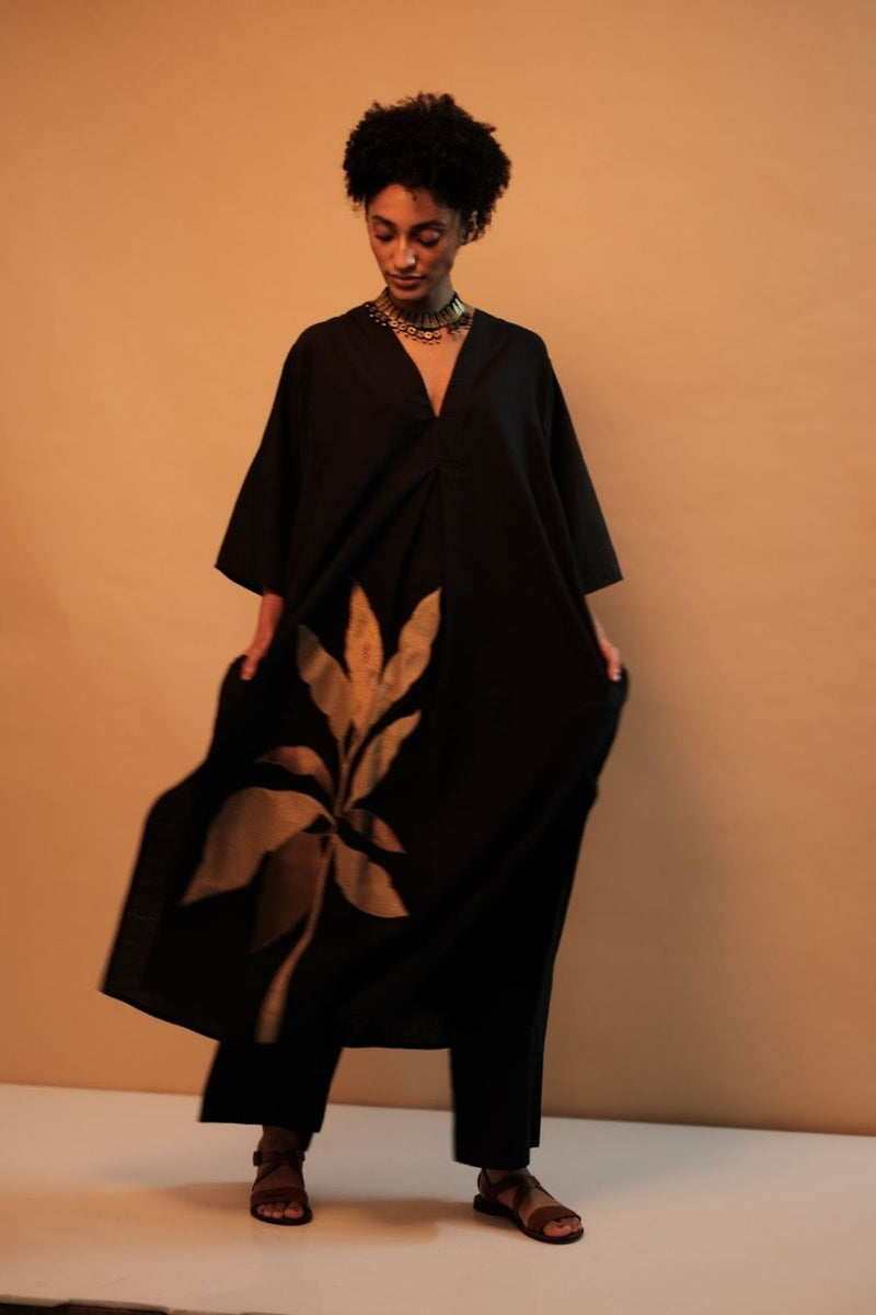 Tropical Leaf Applique Kaftan Black Lounge Wear by Mallika Mathur in black color for women Worldwide