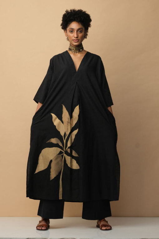 Tropical Leaf Applique Kaftan Black Lounge Wear by Mallika Mathur in black color for women Worldwide